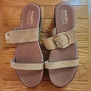 Coach And Four Trevsio Light Yellow  SlideWedge Sandals with Gold Accents Buckle